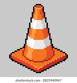 Pixel art orange traffic cone with a white reflective stripe representing road safety, construction warning, hazard control and street maintenance zones.