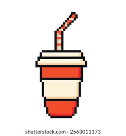 Pixel art orange and white soda cup with striped straw isolated on white background. Vintage game assets 8-bit sprite. 80s-90s, digital vintage game style.