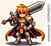 Pixel Art of an orange-haired warrior wearing armor and carrying a large sword. 8 bit.
