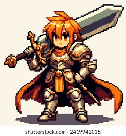 Pixel Art of an orange-haired warrior wearing armor and carrying a large sword. 8 bit.