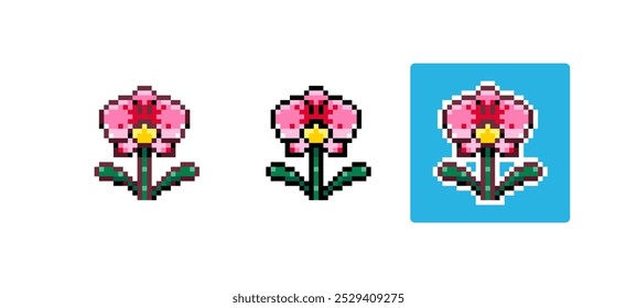 Pixel Art Orchid Icon Vector Illustration. Pink Flower Graphic Isolated Sticker. Retro 8 Bit Orchid for Video Game, Mobile, Web. Spring Nature Floral Element. Digital Art Asset