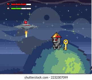 Pixel art with outdoor landscape background. Colorful pixel arcade scene for game design. Gaming location with fantasy characters alien and unidentified flying object. Computer game pixelated platform