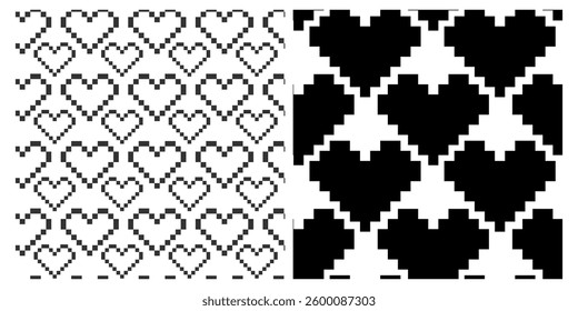 Pixel Art Outline and filled hearts Seamless Patterns Black Day greeting Background concept Set 2