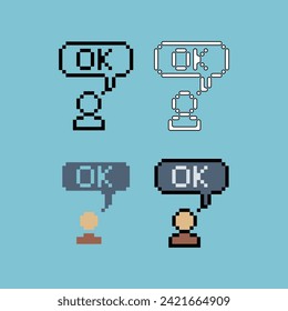 El esquema de arte de píxeles establece el icono de la persona digamos color de variación del logotipo de ok. La gente aprueba un icono en el estilo pixelado. 8bits Ilustración perfecta para el diseño del elemento activo de su ui de juego. Elemento de icono de píxel simple