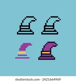 Pixel art outline sets icon of witch hat collection variation color.Witch hat icon on pixelated style. 8bits Illustration, perfect for design asset element your game ui. Simple pixel art icon asset.