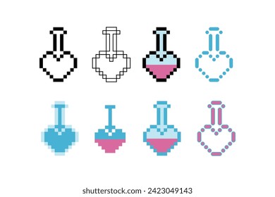 Pixel art outline sets icon of love potion sign variations in color. Love potion icon in pixelated style. 8-bit Illustration,for design asset elements, game UIs, and mobile apps,vector icon collection