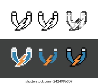 Pixel art outline sets icon of magnet thunder in variation color.Magnet icon on pixelated style. 8bits perfect for game asset or design asset element for your game design. Simple pixel art icon asset.