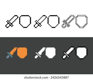 Pixel-Art-Umriss setzt Symbol des Schildschwerts in Variationsfarbe.Waffen-Symbol auf pixeliertem Stil. 8 Bit perfekt für Spiel-Asset oder Design-Asset-Element für Ihr Spiel-Design. Einfaches Pixel-Art-Symbol-Asset.