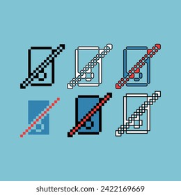 Pixel art outline sets icons of no handphone sign variations in color.Restricted phone icon in pixelated style 8-bit Illustration,for design asset elements, game UIs, and mobile apps icon collection.
