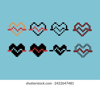 Pixel art outline sets icons of heart rate wave sign variations in color. Heart wave icon in pixelated style. 8-bit Illustration,for design asset elements, game UIs, and mobile apps icon collection.