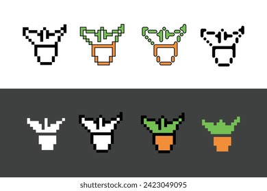 Pixel art outline sets icons of plant decoration variations in color. plant icon in pixelated style. 8-bit Illustration,for design asset elements, game UIs, and mobile apps,vector icon collection.