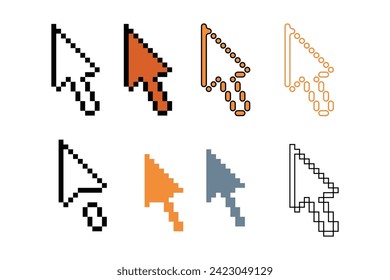 Pixel art outline sets icons of mouse arrow sign variations in color.pointer icon in pixelated style. 8-bit Illustration,for design asset elements, game UIs, and mobile apps,vector icon collection.