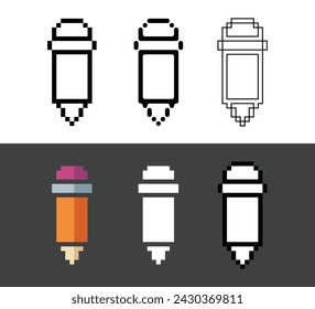 Pixel art outline thin icon sets of pencil for writing a task or studying, Simple pixelated style icon of pencil, 8bits, vector illustration for asset.