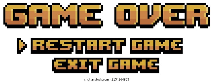 Pixel Art Over Game Over Screen With Restart And Exit Vector Icon For 8bit Game On White Background

