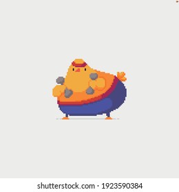 Pixel art overweight bird doing fitness exercises with weights