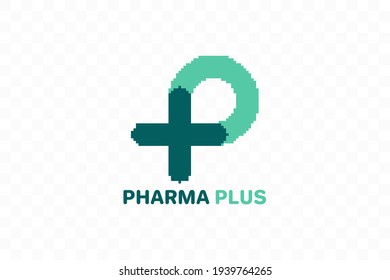 Pixel art P logo, P with plus logo. Medical logo