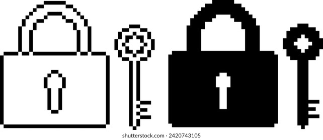 pixel art padlock and key icon set