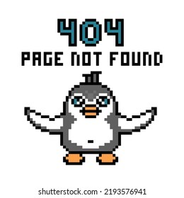 Pixel art "Page not found" message (error 404) with sad disappointed shrugging penguin character isolated on white background. Old school retro 80's, 90's 8 bit website search trouble banner template.