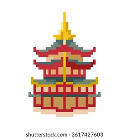 Pixel art of Pagoda. Pixelated traditional building of China and Japan.