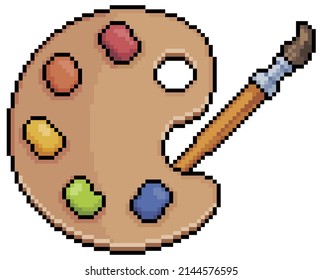 Pixel art paint palette and brush vector icon for 8bit game on white background