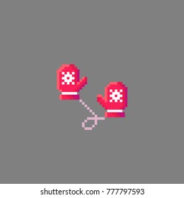 Pixel art pair of knitted christmas mittens on isolated background. Vector illustration.