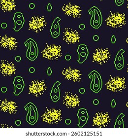 Pixel art paisley seamless pattern. Painted indian ornament 8 bit endless background. 90s line art repeat cover. Surface pattern design retro techno motif. Vector illustration.