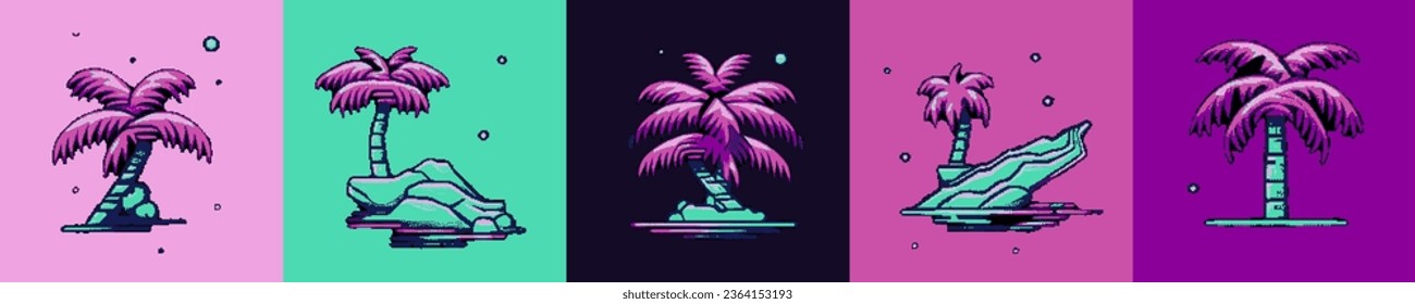 Pixel art palm tree elements in retro 8-bit style for icons, logos or print design.