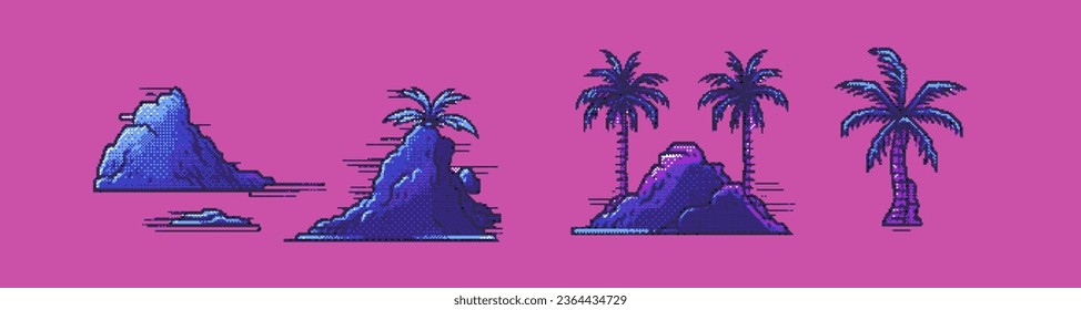 Pixel art palm tree elements for video game in retro 8-bit style.