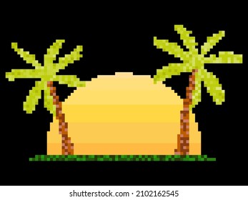 Pixel art palm trees at sunrise in 80s style. 8-bit sun synthwave and retrowave. Retro 8-bit video game. Design for printing, wrapping paper and advertising. Vector illustration