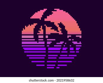 Pixel art palm trees at sunset in 80s style. 8-bit sun synthwave and retrowave. Retro 8-bit video game. Design for printing, wrapping paper and advertising. Vector illustration