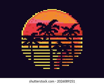 Pixel art palm trees at sunset in 80s style. 8-bit sun synthwave and retrowave. Retro 8-bit video game. Design for printing, wrapping paper and advertising. Vector illustration