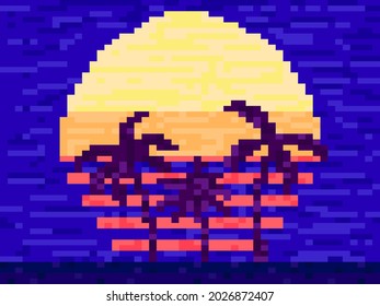 Pixel art palm trees at sunset in 80s style. 8-bit sun synthwave and retrowave. Retro 8-bit video game. Design for printing, wrapping paper and advertising. Vector illustration