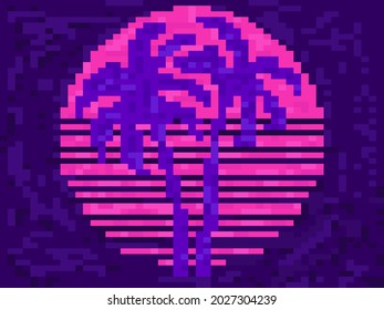Las palmeras de arte de la Pixel al atardecer al estilo de los años 80. Sintonización de sol de 8 bits y retroonda. Videojuego retro de 8 bits. Diseño para imprimir, embalar papel y publicidad. Ilustración del vector