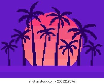 Pixel art palm trees at sunset in 80s style. 8-bit sun synthwave and retrowave. Retro 8-bit video game. Design for printing, wrapping paper and advertising. Vector illustration