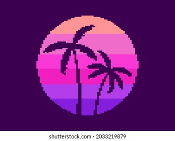 Pixel art palm trees at sunset in 80s style. 8-bit sun synthwave and retrowave. Retro 8-bit video game. Design for printing, wrapping paper and advertising. Vector illustration