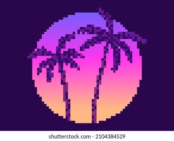 Pixel-Kunstpalmen bei Sonnenuntergang im Stil der 80er Jahre. 8-Bit-Sonnensynthwave und Retrowave. Retro 8-Bit-Videospiel. Design für Druck, Umhüllung und Werbung. Vektorgrafik