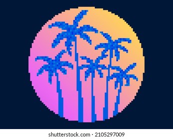 Pixel art palm trees at sunset in 80s style. 8-bit sun synthwave and retrowave. Retro 8-bit video game. Design for printing, wrapping paper and advertising. Vector illustration