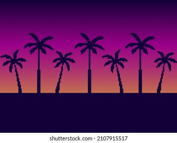 Pixel-Kunstpalmen bei Sonnenuntergang im Stil der 80er Jahre. 8-Bit-Sonnensynthwave und Retrowave. Retro 8-Bit-Videospiel. Design für Druck, Umhüllung und Werbung. Vektorgrafik