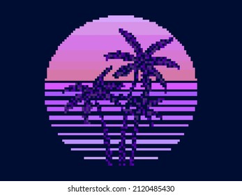 Las palmeras de arte de la Pixel al atardecer al estilo de los años 80. Sintonización de sol de 8 bits y retroonda. Videojuego retro de 8 bits. Diseño para imprimir, embalar papel y publicidad. Ilustración del vector
