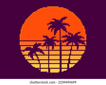 Pixel art palm trees at sunset in 80s style. 8-bit sun synthwave and retrowave. Retro 8-bit video game. Design for printing, wrapping paper and advertising. Vector illustration