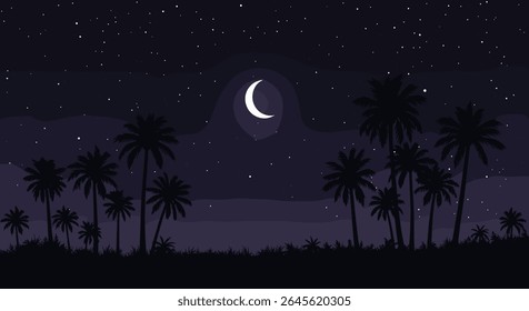 Pixel Art Palm Trees Under a Crescent Moon