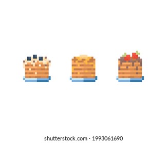 Pixel art pancakes set. Pixel set of pancakes with strawberry, cream, chocolate and butter. Cute retro icon of pancakes on plate for game assets, print, app, sticker, web design, fabric, paper. Vector