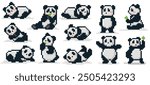 Pixel art panda bear. Cute retro 8 bit pandas pixelated animal mascot in various poses, 90s retro video game style stickers. Bamboo Chinese bears vector kawaii illustration set