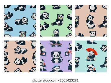 Pixel arte panda oso sin patrón. Lindos pandas retro de 8 bits, diseño de impresión animal kawaii para envolver papel, Fondos de pantalla para niños o tela de ropa. Conjunto de fondo de Vector sin fisuras.