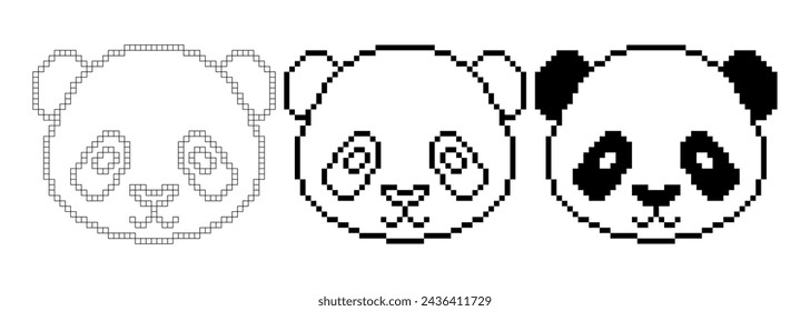 pixel art panda face icon set isolated on white background