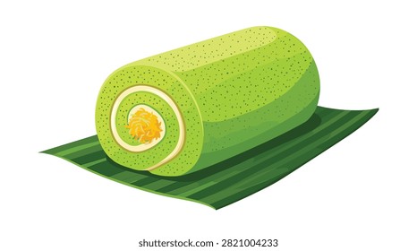Pixel art pandan roll cake with shredded coconut filling served on banana leaf