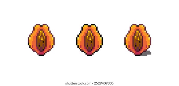 Pixel Art Papaya Icon Vector Illustration. Tropical Fruit Graphic Isolated Sticker. Retro 8 Bit Red Papaya for Video Game, Mobile, Web. Food Digital Element. Digital Art Asset