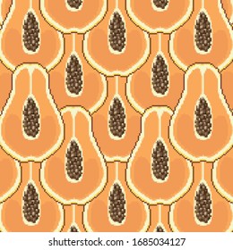 Pixel art papaya seamless pattern. Pixel art 8 bit fruits. Pixel background. 