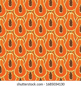 Pixel art papaya seamless pattern. Pixel art 8 bit fruits. Pixel background. 