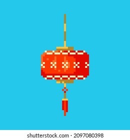 Pixel art paper lantern icon. Vector 8 bit style illustration of Chinese lantern or lamp. Isolated red and gold holiday element of retro video game computer graphic.